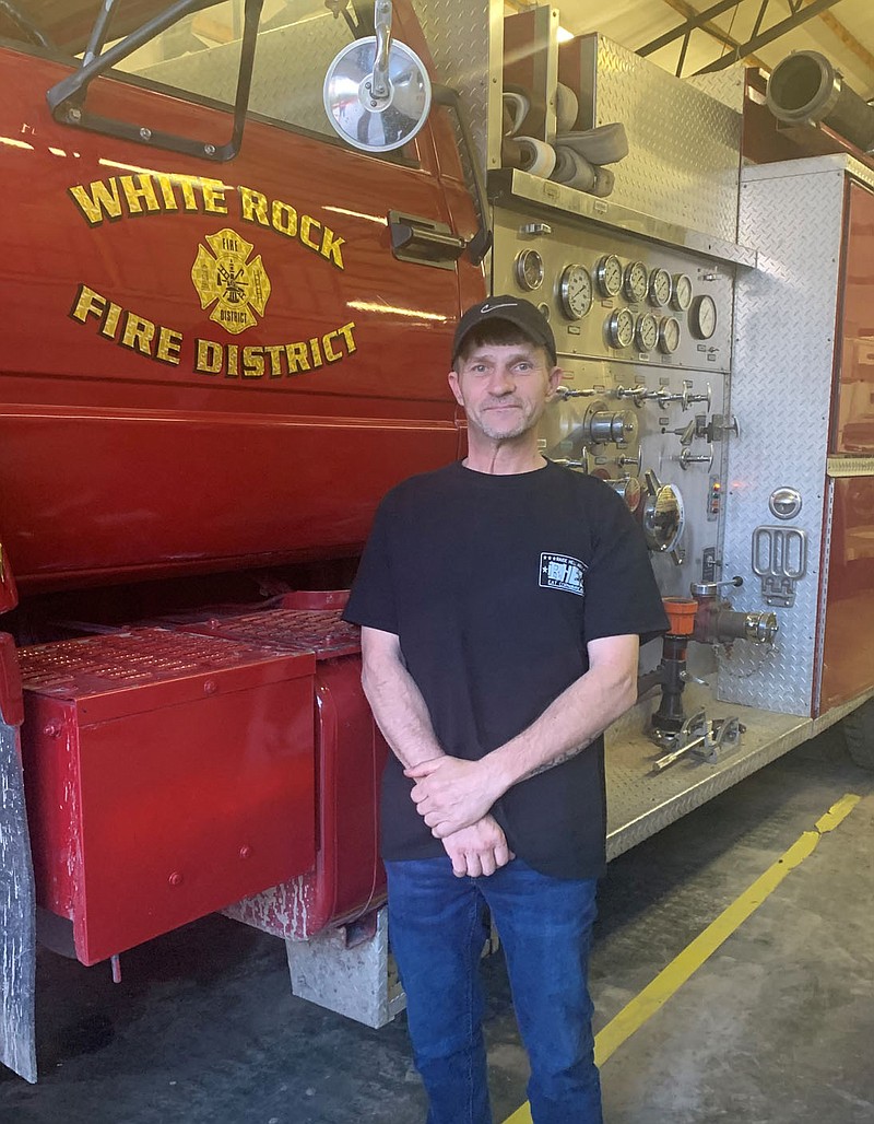 SALLY CARROLL/SPECIAL TO MCDONALD COUNTY PRESS White Rock Firefighter Joe Sanders, #9028, believes that having a sense of humor can come in handy. Helping people feel comfortable is important during a call. Sanders believes utilizing a little joke here and there can certainly ease a situation.