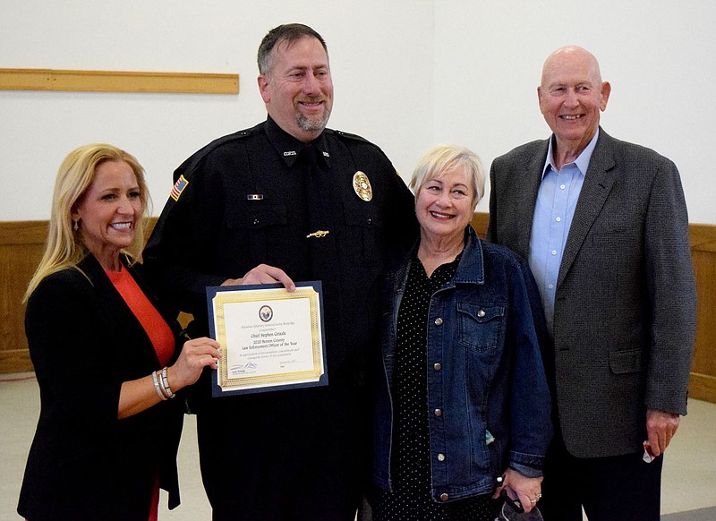 Westside Eagle Observer/MIKE ECKELS
After Leslie Rutledge, Arkansas Attorney General, presented Chief Steven Grizzle (second from left) with the 2020 Benton County Law Enforcement Officer of the Year Award at Decatur City Hall May 10, Chief Grizzle takes a moment to include his parents Kay and Steven Grizzle in a group photo.