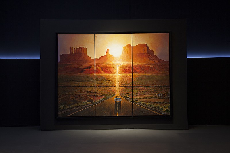 This picture provided and painted by Bob Dylan in 2019 in called "Sunset, Monumet, Valley". The largest collection of Bob Dylan’s artwork ever seen will go on display later this year in the U.S. “Retrospectum” spans six decades of Dylan’s art, featuring more than 120 of the artist’s paintings, drawings and sculptures. Building on the original “Retrospectum” exhibition that premiered in Shanghai, China, in 2019, the new version will include new, never-before-seen pieces and additional artworks from a brand-new series called “American Pastoral.” (Bob Dylan via AP)