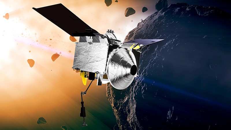 FILE - This illustration provided by NASA depicts the OSIRIS-REx spacecraft at the asteroid Bennu. On Monday, May 10, 2021, the robotic explorer fired its engines, headed back to Earth with samples it collected from the asteroid, nearly 200 million miles away. (Conceptual Image Lab/Goddard Space Flight Center/NASA via AP)