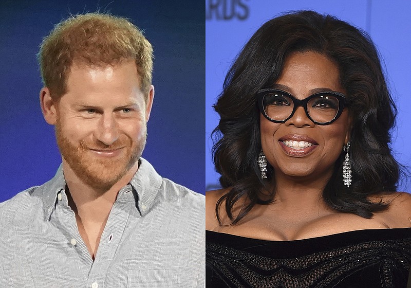 Prince Harry, Duke of Sussex speaks at "Vax Live: The Concert to Reunite the World" in Inglewood, Calif. on May 2, 2021, left, and  Oprah Winfrey appears at the 75th annual Golden Globe Awards in Beverly Hills, Calif. on Jan. 7, 2018. Winfrey and Prince Harry are teaming up for a series that will delve into mental health issues and feature segments from athletes and stars like Lady Gaga and Glenn Close. The streaming service Apple TV+ plus announced Monday that the multi-part documentary series “The Me You Can’t See” will debut on May 21. (AP Photo)