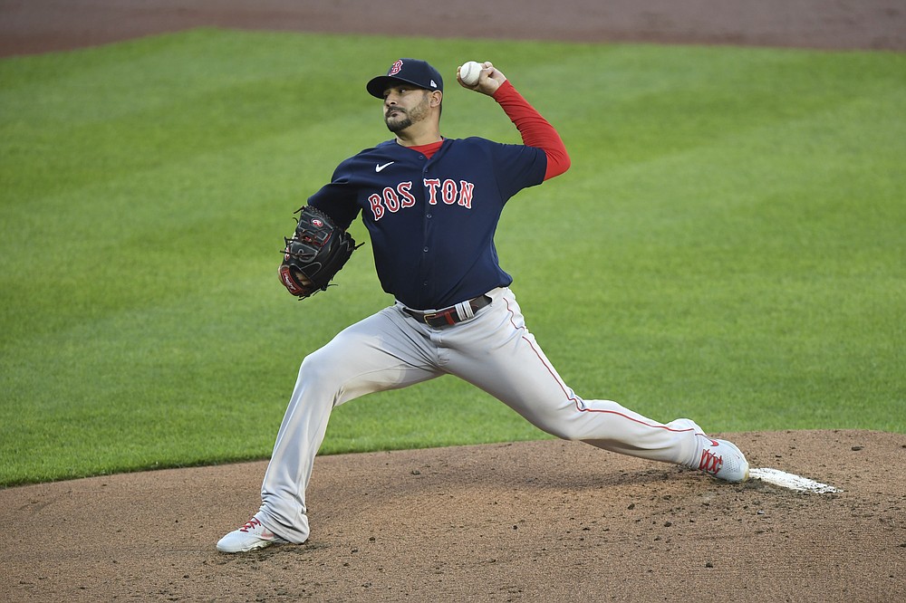 Boston Red Sox starting pitcher Martin Perez throws during the first inning of a baseball game against the Baltimore Orioles, Monday, May 10, 2021, in Baltimore. (AP Photo/Terrance Williams)