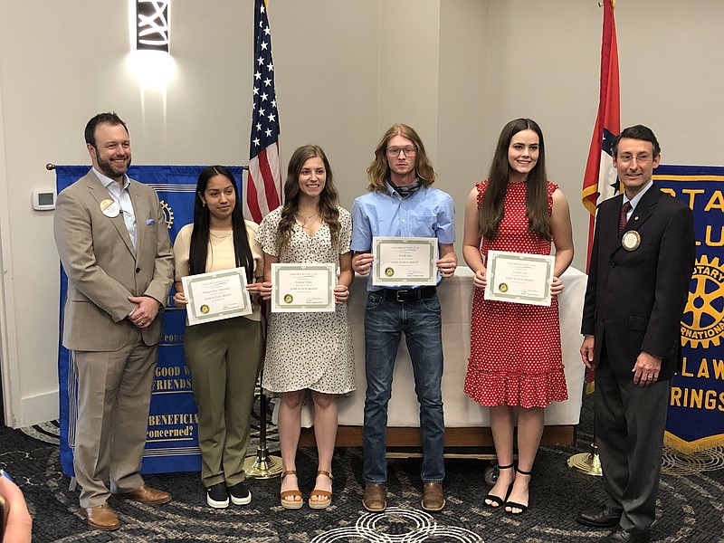 From left are Scott Burton, Oaklawn Rotary president; Bridani Altamirano, Lake Hamilton High School; Autumn Tillery, Jessieville High School; Tielyr Sales, Mountain Pine High School; Landry Cate, Fountain Lake Charter High School; and Ed Sanders, Scholarship Committee chair. - Submitted photo