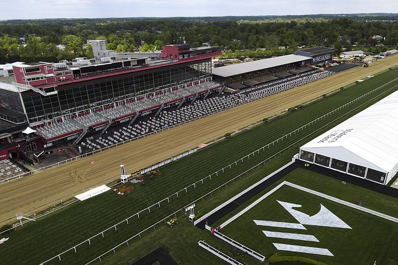 A view of the grandstand and the finish line is seen at Pimlico Race Course ahead of the Preakness Stakes Tuesday in Baltimore. - Photo by Julio Cortez of The Associated Press