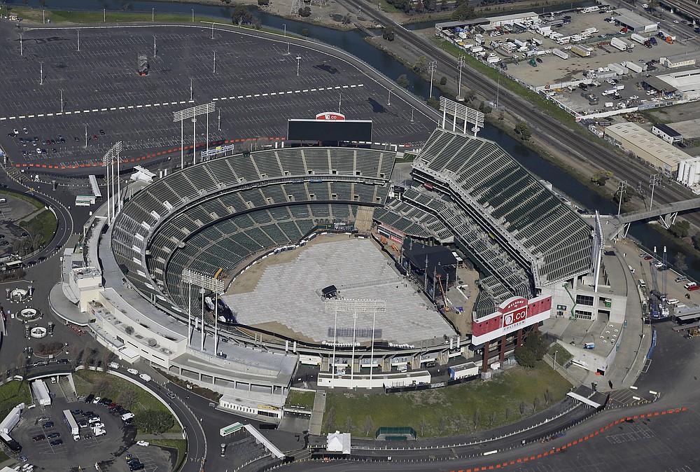 FILE - This Feb. 5, 2016, file photo shows the Oakland–Alameda County Coliseum, home to the Oakland Athletics, in Oakland, Calif. Major League Baseball instructed the Athletics to explore relocation options as the team tries to secure a new ballpark it hopes will keep the club in Oakland in the long term. MLB released a statement Tuesday, May 11, 2021, expressing its longtime concern that the current Coliseum site is “not a viable option for the future vision of baseball.”(AP Photo/Eric Risberg, File)