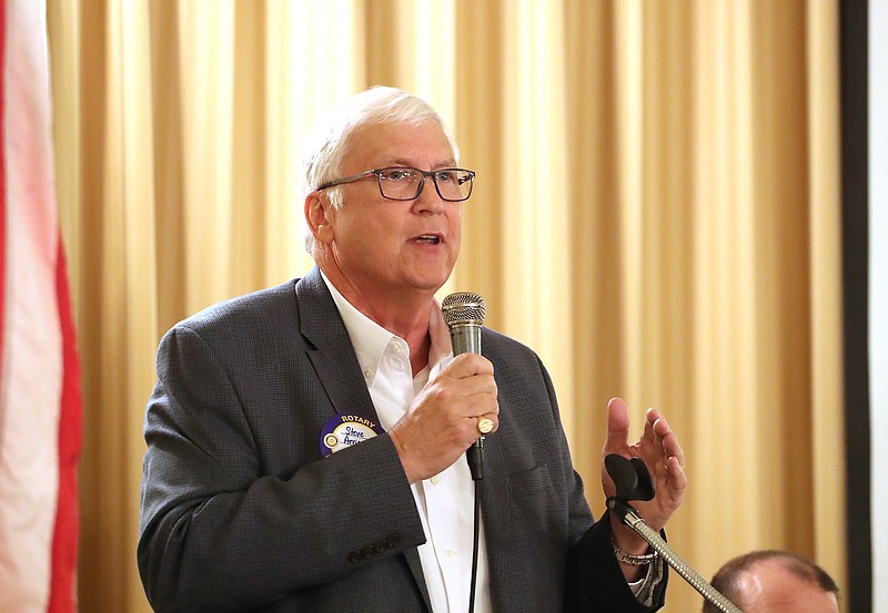 Visit Hot Springs CEO Steve Arrison speaks to the Hot Springs National Park Rotary Club on Wednesday. - Photo by Richard Rasmussen of The Sentinel-Record