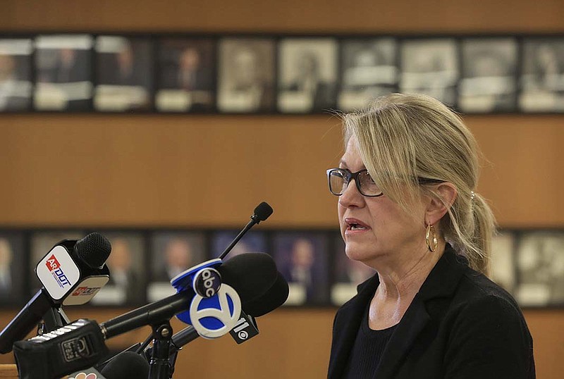 Lorie Tudor, director of the Arkansas Department of Transportation, speaks Wednesday May 12, 2021 in Little Rock during a press briefing about the I-40 bridge closure over the Mississippi River. More photos at arkansasonline.com/513bridge/. (Arkansas Democrat-Gazette/Staton Breidenthal)