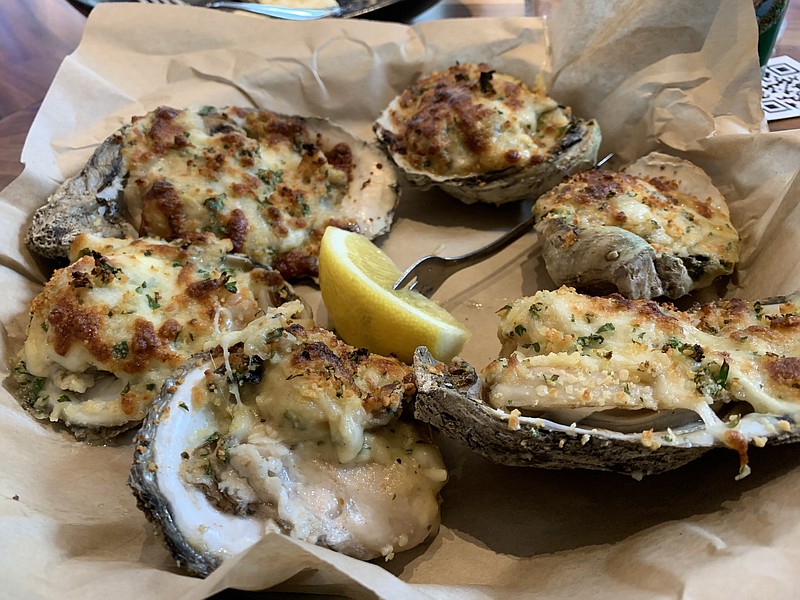 Six Oysters Bienville at the Oyster Bar made for a hefty appetizer or a good-sized entree. (Arkansas Democrat-Gazette/Eric E. Harrison)