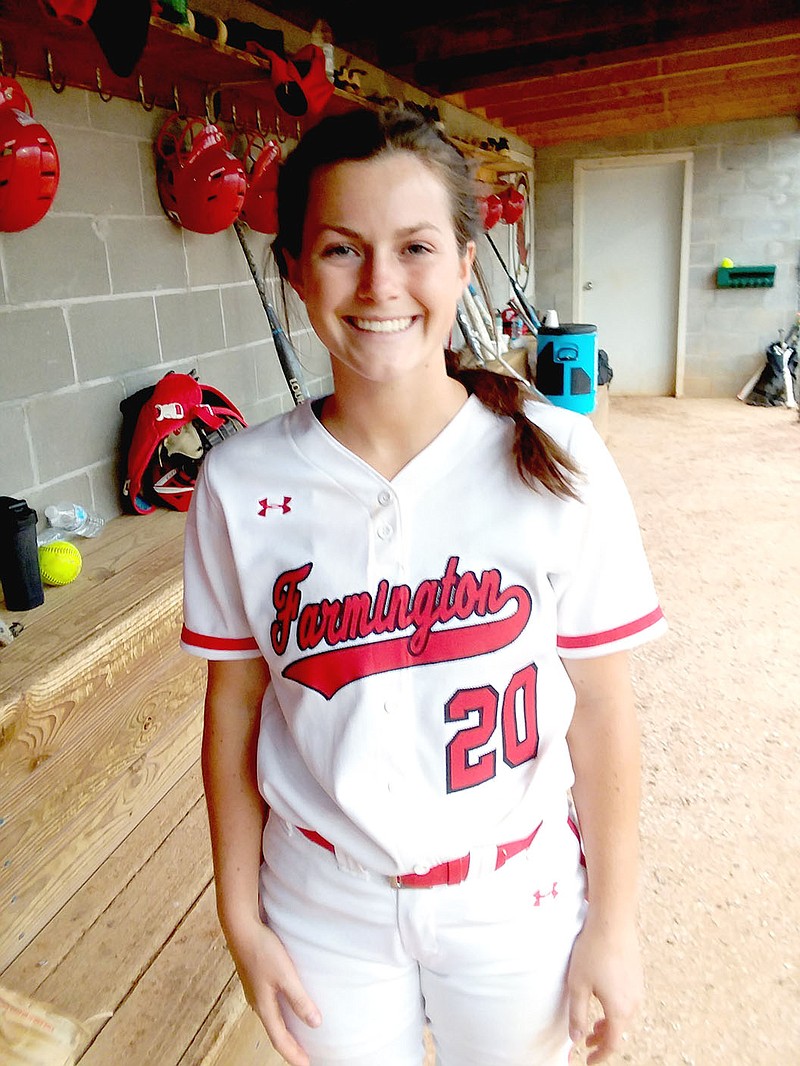 MARK HUMPHREY  ENTERPRISE-LEADER/Farmington junior Remington Adams' resume as a Lady Cardinal includes an impressive catalog of feats including making double-plays and clutch hits — none bigger than her 2-run homer in the Lady Cardinals' last at-bat to provide the winning margin in Thursday's 4-3 Class 4A State Tournament victory over Valley View. The win advanced the Lady Cardinals into a state quarterfinal game against Malvern Friday at Morrilton.
