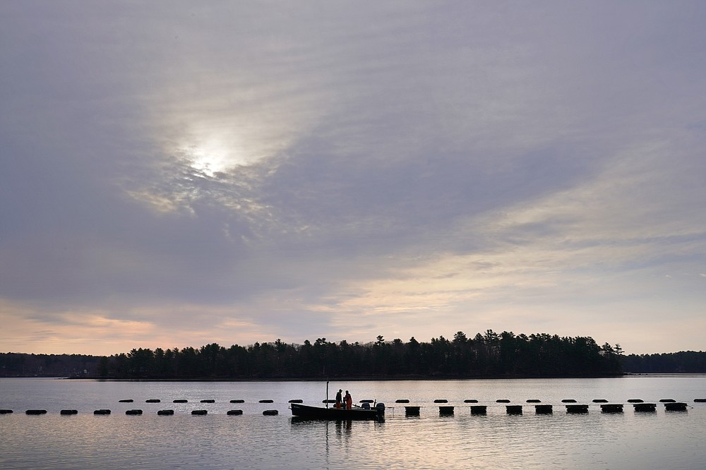 Oyster farmers Sam Dorval and Chris Burtis of Ferda Farms harvest oysters from floating crates on the New Meadows River, Sunday, April 25, 2021, in Brunswick, Maine. Oysters from the farm are being used to support an existing population in New Hampshire's Great Bay. (AP Photo/Robert F. Bukaty)