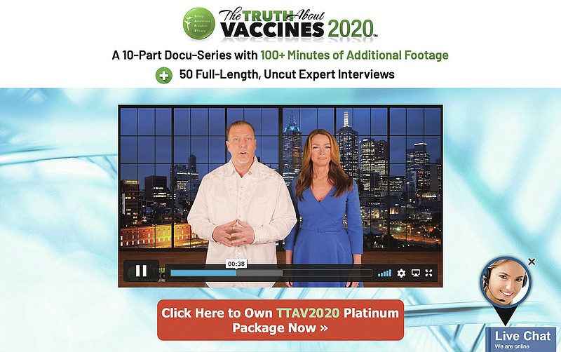 This Wednesday, May 12, 2021 image shows a website featuring Ty and Charleen Bollinger advertising their video series, "The Truth About Vaccines 2020." The Bollingers are part of an ecosystem of for-profit companies, nonprofit groups, YouTube channels and other social media accounts that stoke fear and distrust of COVID-19 vaccines, resorting to what medical experts say is often misleading and false information. (AP Photo)