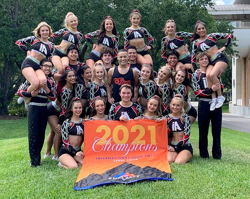 SUBMITTED
Bella Holloway (bottom, right), a Gravette junior, competed at two national championships for competitive cheerleading in Orlando, Fla., from April 30 to May 4.