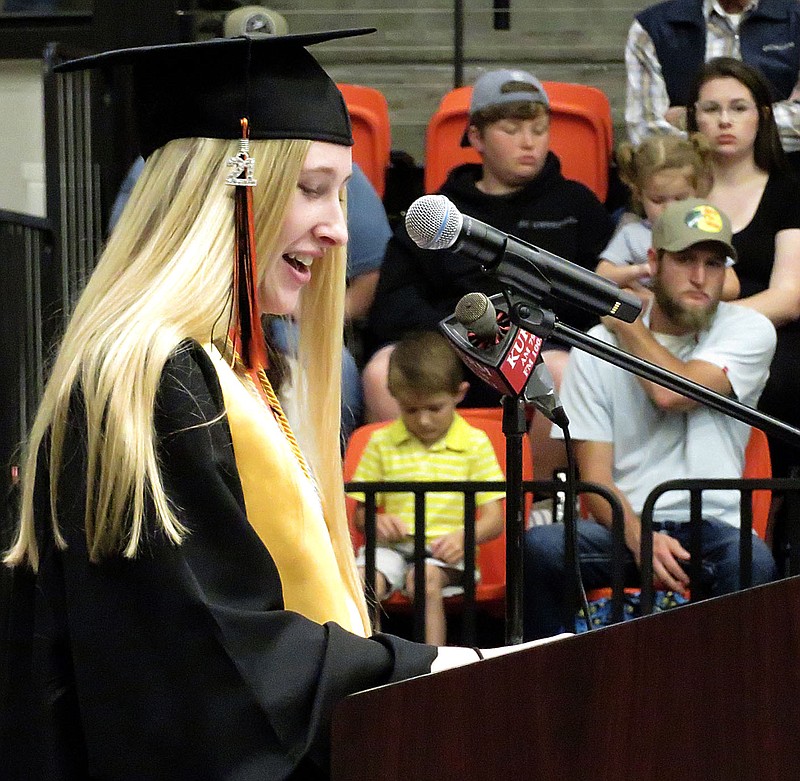 Westside Eagle Observer/RANDY MOLL
Gravette senior Timmie Betz addresses her fellow graduates and their guests during graduation ceremonies at Gravette High School on Saturday, May 15, 2021.