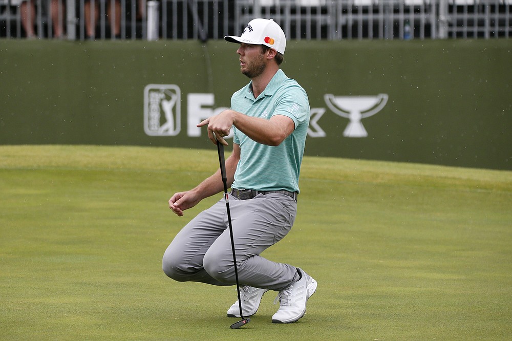 Sam Burns watches his putt on the 17th green during the final round of the AT&T Byron Nelson golf tournament in McKinney, Texas, Sunday, May 16, 2021. (AP Photo/Ray Carlin)