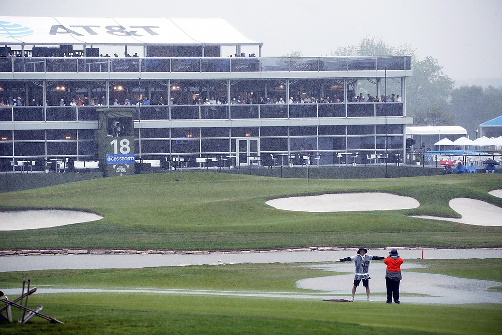 A general view to the 18th green during a weather delay of the final round of the AT&T Byron Nelson golf tournament in McKinney, Texas, Sunday, May 16, 2021. (AP Photo/Ray Carlin)