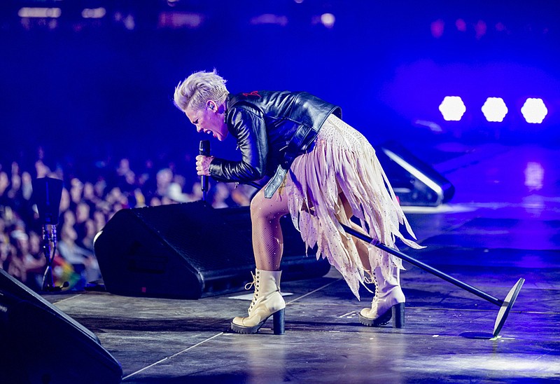 This image released by Amazon shows singer Pink performing in a scene from her documentary, “Pink: All I Know So Far,” debuting Friday on Amazon Prime Video. (Andrew Macpherson/Amazon Content Services LLC via AP)