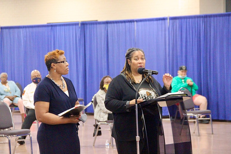 The United Citizens for Pine Bluff spokespersons Kerri Williams (left) and Kymara Seals release results from a survey conducted in January. (Pine Bluff Commercial/Eplunus Colvin)