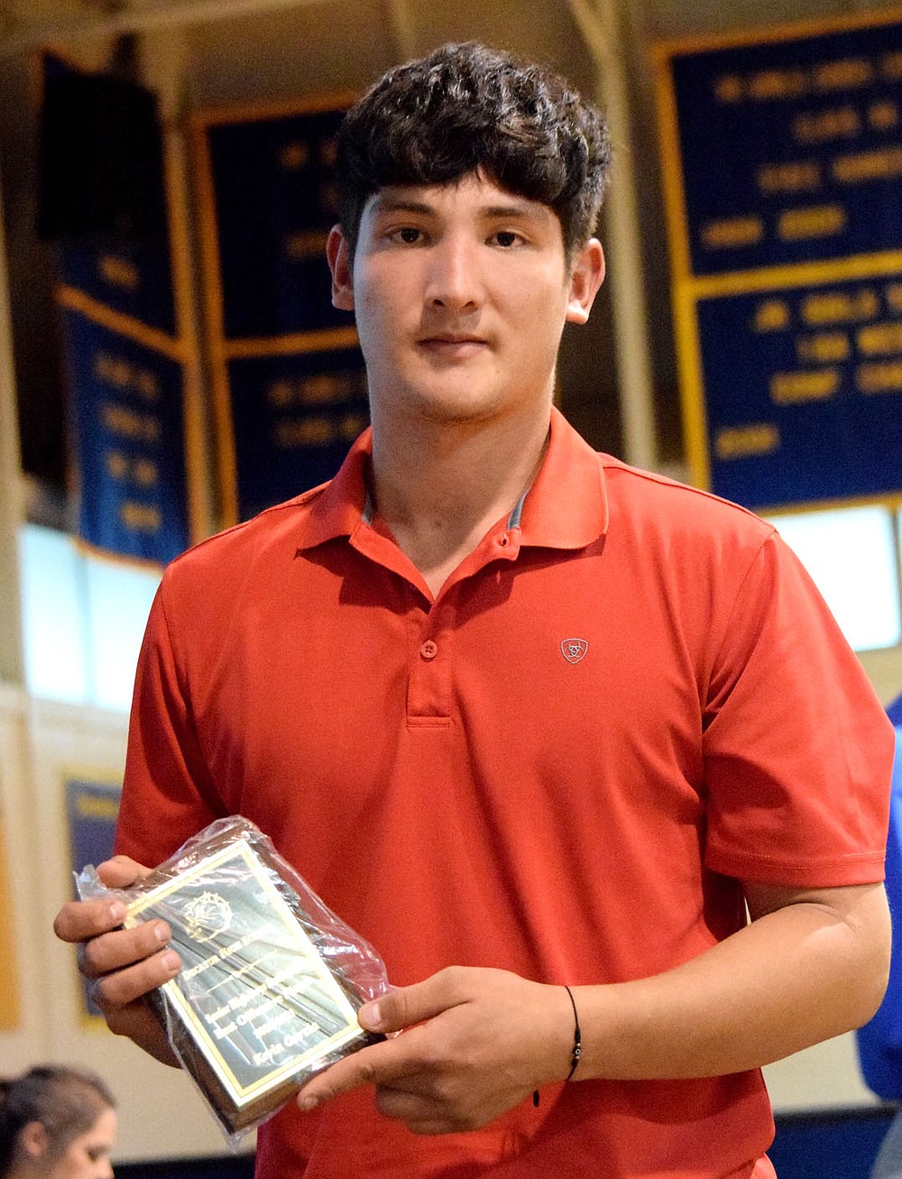 Westside Eagle Observer/MIKE ECKELS
Kevin Garcia was named Best Offensive Player of the Year in basketball during the 2021 Decatur Bulldogs Sports Award program at Peterson Gym in Decatur May 18. Garcia, a senior, was the leading scorer for the Bulldogs varsity boys basketball team during the 2020-21 season.
