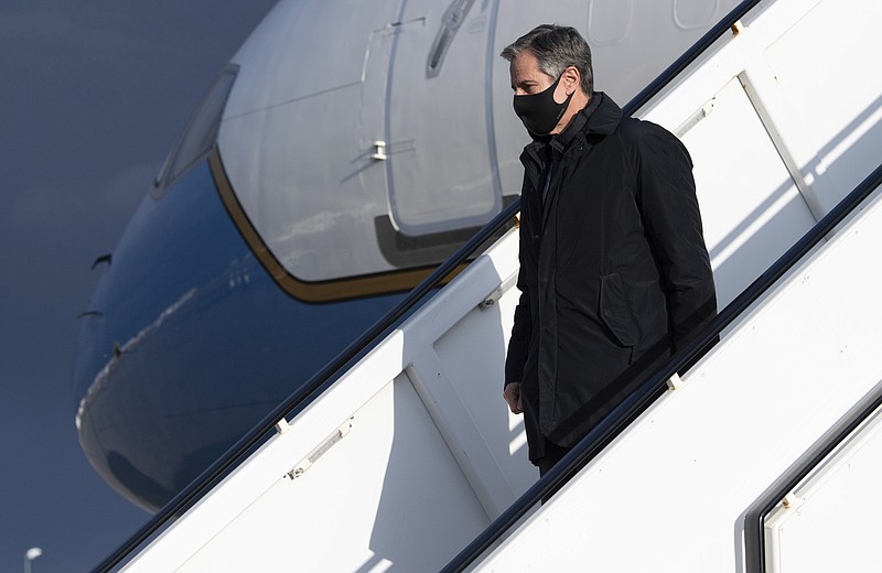 United States Secretary of State Antony Blinken as he disembarks from his airplane upon arrival at Keflavik Air Base in Iceland, May 17, 2021, his second stop on a 5-day European tour. (Saul Loeb/Pool Photo via AP)
