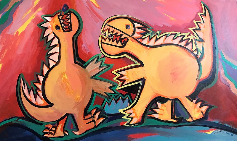 “2 Dinos Fighting” by Longhua Xu is part of the “Crayons to Canvas” exhibit at the Mid-America Science Museum in Hot Springs. (Special to the Democrat-Gazette)