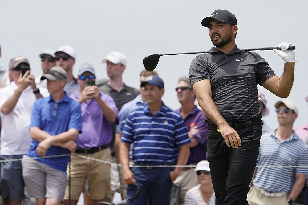 Jason Day, of Australia, watches his tee shot on the 15th tee during a practice round at the PGA Championship golf tournament on the Ocean Course Wednesday, May 19, 2021, in Kiawah Island, S.C. (AP Photo/David J. Phillip)