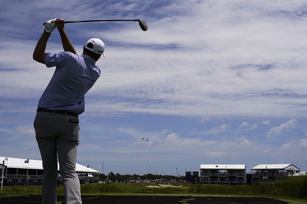 Talor Gooch watches his tee shot on the 17th hole during a practice round at the PGA Championship golf tournament on the Ocean Course Wednesday, May 19, 2021, in Kiawah Island, S.C. (AP Photo/Chris Carlson)