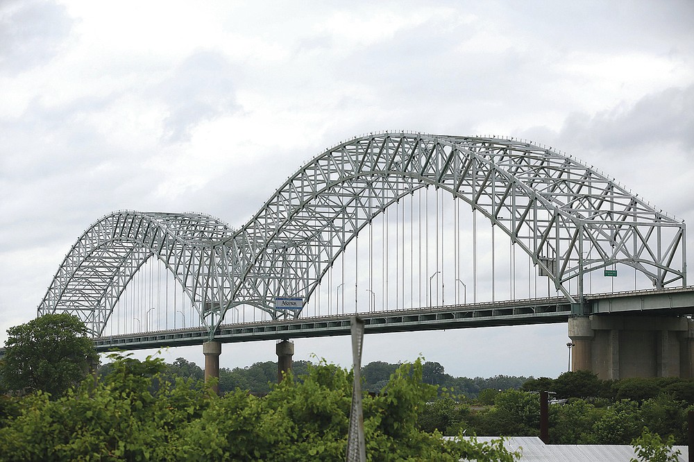 The I-40 Hernando de Soto Bridge crossing the Mississippi River connecting Arkansas and Tennessee on Tuesday, May 18, 2021. The bridge has been closed since inspectors found a fracture in the bridge. (Arkansas Democrat-Gazette/Thomas Metthe)
