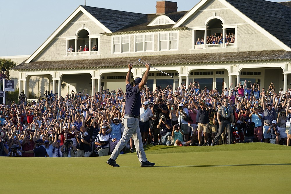 Phil Mickelson celebrates after winning the final round at the PGA Championship golf tournament on the Ocean Course, Sunday, May 23, 2021, in Kiawah Island, S.C. (AP Photo/Matt York)
