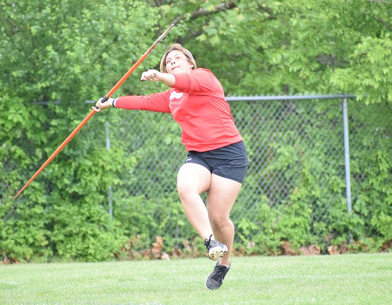 PHOTOS BY RICK PECK/SPECIAL TO MCDONALD COUNTY PRESS McDonald County junior Mariana Salas will be the Mustangs lone entrant at the Missouri Class 4 State Track and Field Championships on May 28 at Jefferson City High School. Salas took fourth in the javelin at sectionals on May 22 at Camdenton High School.