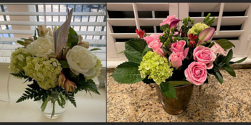 Which is the $60 bouquet? The professional florist bouquet in shades of green and white cost $60 before tax, including delivery ($12). The client provided the vase. The pink and green bouquet cost under $20 from Trader Joe’s, not including the container. If florists are going to survive, they are going to need to add value. (Courtesy of Marni Jameson)