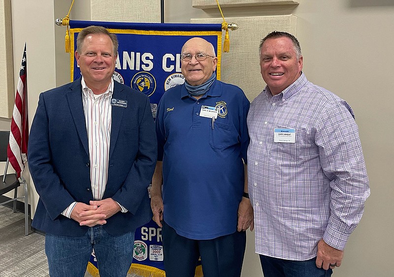 Photo submitted
Benton County Judge Barry Moehring, left, was the guest speaker for the Kiwanis Club of Siloam Springs on Wednesday, May 19. Moehring gave a crash course on "County Government 101." Also pictured are club member Karl Mounger, center, and Gary Wheat, club president.