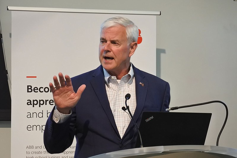 U.S. Rep. Steve Womack, R-Ark., speaks during an event on Monday, May 24, 2021, in which Jesse Henson, president of the NEMA Motors Division for ABB, announced ABB would donate $1 million to the Fort Smith School District to go toward purchasing advanced manufacturing equipment for the district's Peak Innovation Center. (NWA Democrat-Gazette/Thomas Saccente)