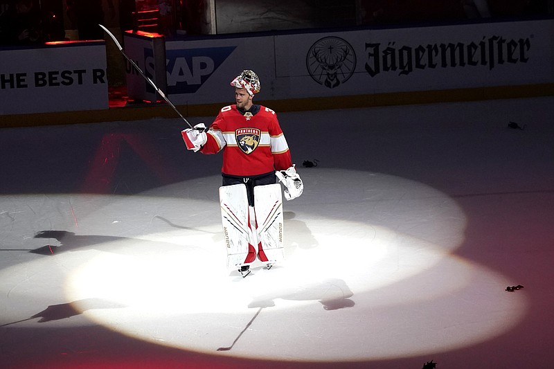 Florida Panthers goaltender Spencer Knight acknowledges the crowd after Game 5 of an NHL hockey Stanley Cup first-round playoff series against the Tampa Bay Lightning, Monday, May 24, 2021, in Sunrise, Fla. (AP Photo/Lynne Sladky)