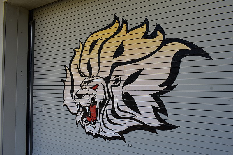 The UAPB athletic emblem is painted on a storage room door at Simmons Bank Field. (Pine Bluff Commercial/I.C. Murrell)