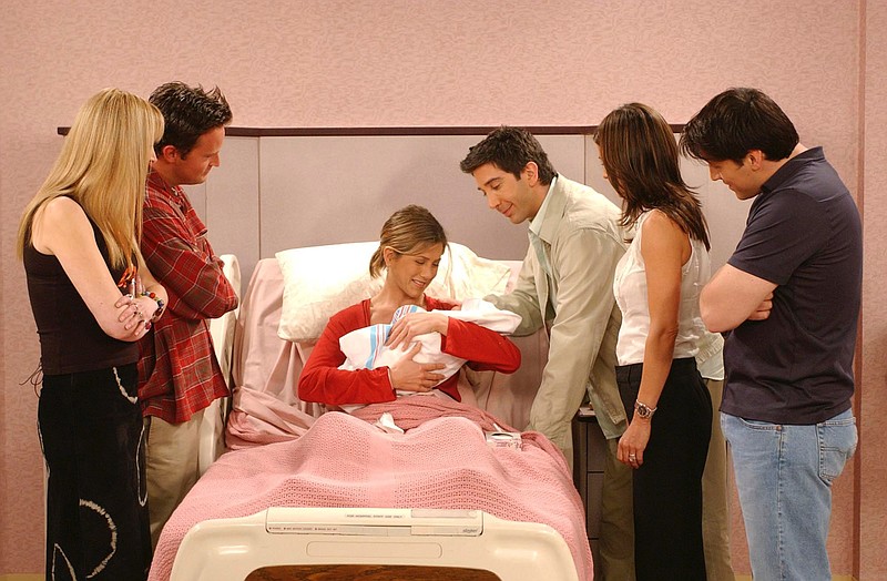 The "Friends" characters gather to see Rachel's baby in a season eight episode. (NBC/TNS)