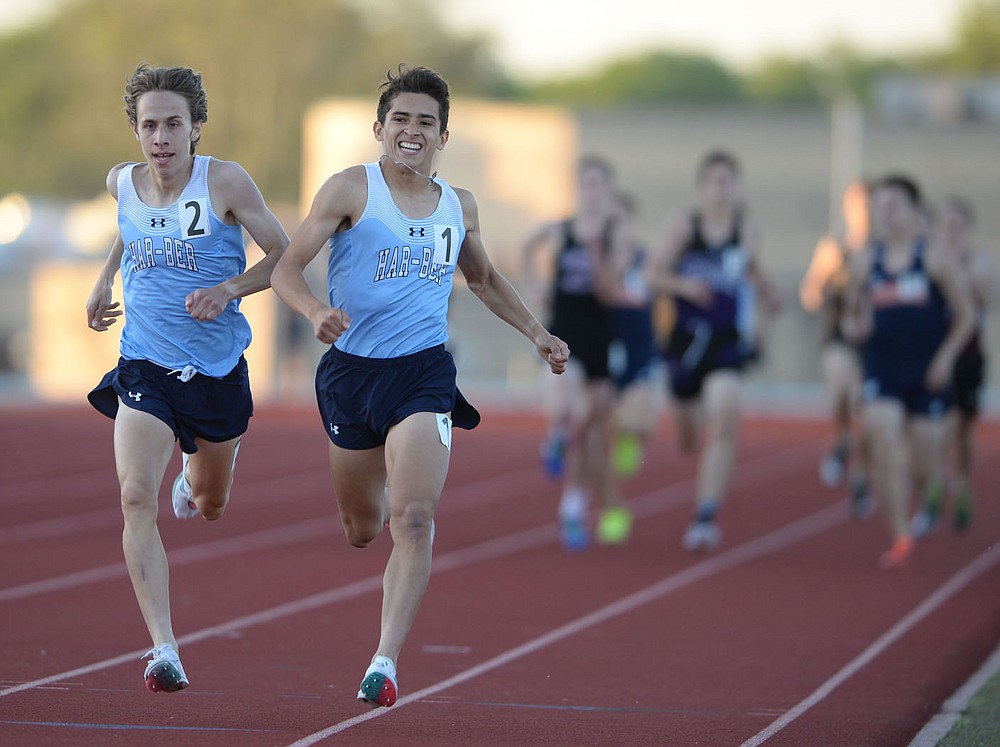 Springdale Har-Ber senior Reuben Reina (left) has been named the all-NWADG boys track runner of the year. (NWA Democrat-Gazette/Andy Shupe)