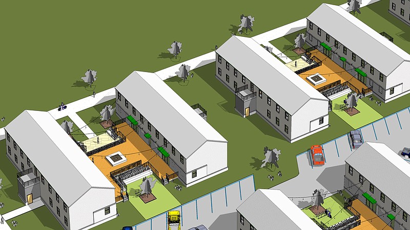 A rendering of the row of barracks on Buckhorn Street in Chaffee Crossing is seen.