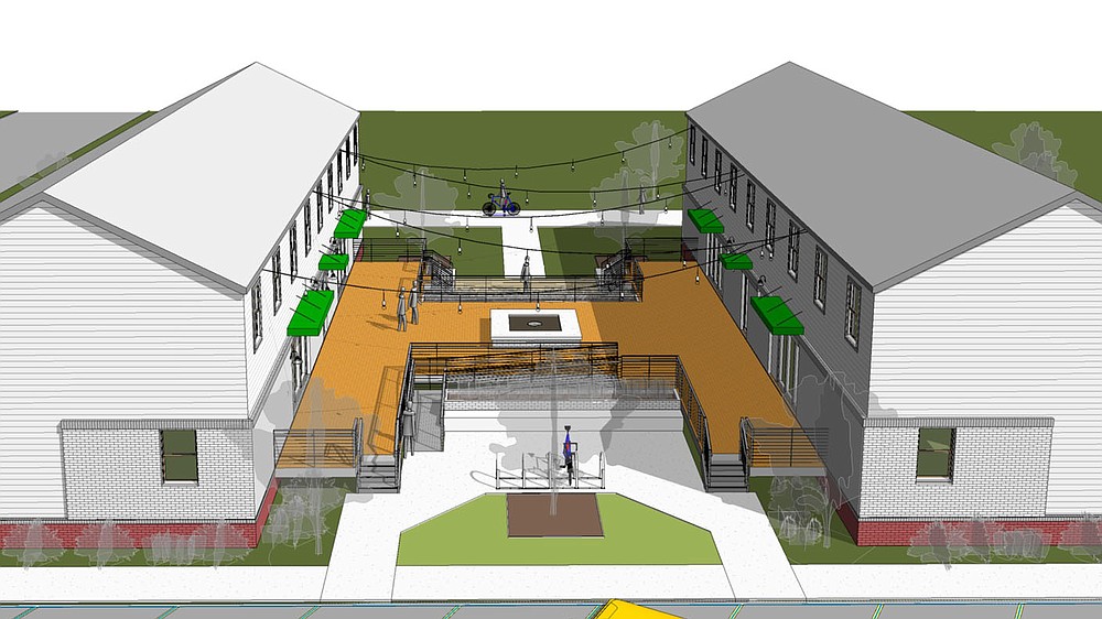 A rendering of one of the gathering spaces between the barracks on Buckhorn Street in Chaffee Crossing is seen.