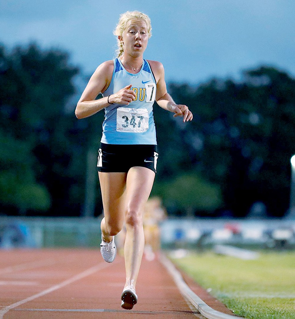 Photo courtesy of JBU Sports Information
John Brown junior Allika Pearson competes in the first heat of the 5,000-meter run Thursday before advancing to Friday's competition at the NAIA National Championships inside Mickey Miller Blackwell Stadium at the Gulf Shores Sportsplex.