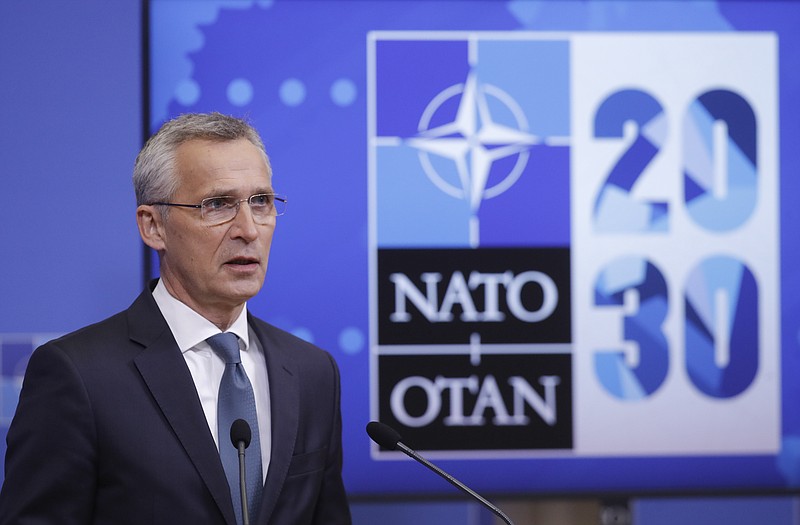 NATO Secretary General Jens Stoltenberg speaks during a press briefing ahead to an online NATO Foreign and Defense Ministers' meeting at the NATO headquarters in Brussels, Monday, May 31, 2021. (Olivier Hoslet/Pool Photo via AP)