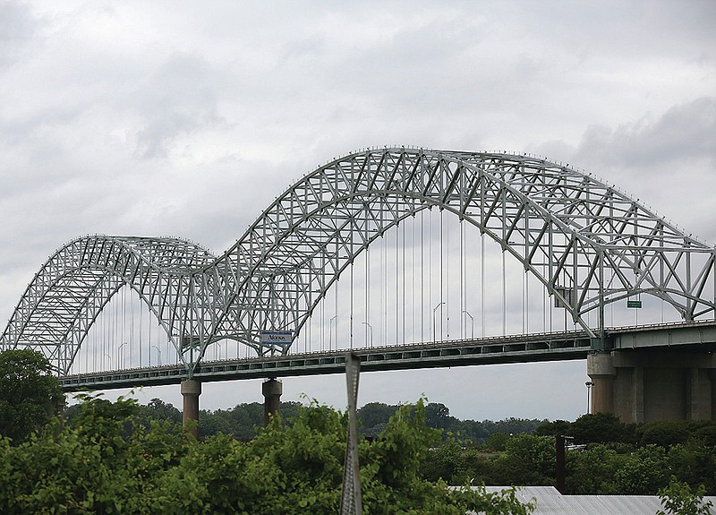 The I-40 Hernando de Soto Bridge crossing the Mississippi River connecting Arkansas and Tennessee on Tuesday, May 18, 2021. The bridge has been closed since inspectors found a crack in the bridge last week. 
More photos at www.arkansasonline.com/519govs/
(Arkansas Democrat-Gazette/Thomas Metthe)