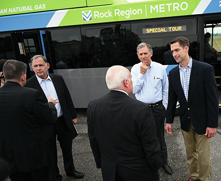 Senator John Boozman, left, Representative French Hill, and Senator Tom Cotton talk with members of the Port of Little Rock Board of Directors after a tour of the area on a visit to discuss infrastructure, trade, and other issues related to the port on Tuesday, June 1, 2021.

(Arkansas Democrat-Gazette/Stephen Swofford)