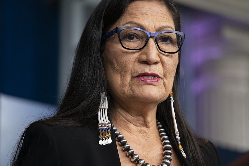 FILE - In this April 23, 2021, file photo, Interior Secretary Deb Haaland speaks during a news briefing at the White House in Washington. From the nation’s capitol to Indigenous communities across the American Southwest, top government officials, family members and advocates are gathering Wednesday, May 5, 2021, as part of a call to action to address the ongoing problem of violence against Indigenous women and children. Haaland and other federal officials are expected to commemorate the day. (AP Photo/Evan Vucci, File)