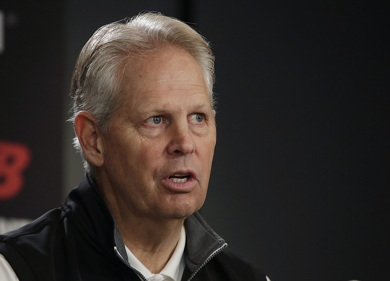 FILE - Boston Celtics basketball general manager Danny Ainge speaks during a news conference in Boston, in this Monday, June 24, 2019, file photo. The Boston Celtics are beginning their offseason with a shakeup of the front office and coaching staff, with team president Danny Ainge stepping down and coach Brad Stevens moving into the front office, a person with direct knowledge of the moves said Wednesday, June 2, 2021. (AP Photo/Elise Amendola, File)