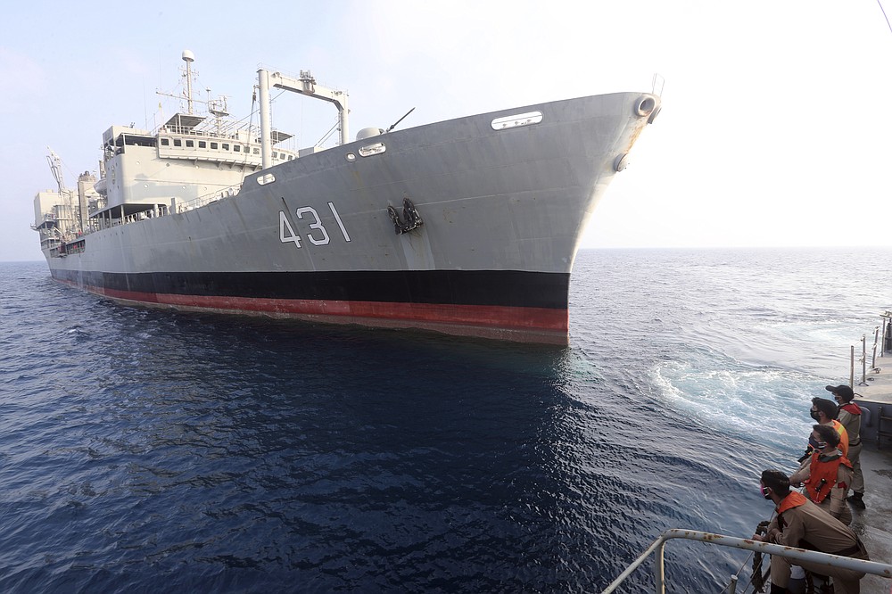 This undated photo provided by the Iranian army shows navy's support ship Kharg. Kharg, the largest warship in the Iranian navy caught fire and later sank Wednesday, June 2, 2021 in the Gulf of Oman under unclear circumstances, semiofficial news agencies reported. (Iranian army via AP)