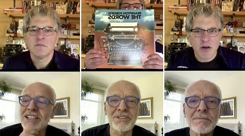 A compilation photo shows the author interviewing rocker Peter Frampton via Zoom. Although Frampton is slowing down due to an illness, he still wants to perform. (The Washington Post)