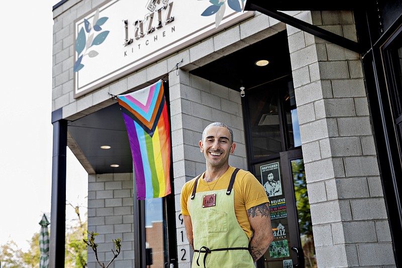 Moudy Sbeity, the founder of Laziz Kitchen in Salt Lake City, offers Middle Eastern food and a message “that we are inclusive in love.” Laziz Kitchen is one of several newer restaurants that cultivate a wide spectrum of LQBTQ customers, as symbolized by the redesigned version of the traditional rainbow flag out front. (The New York Times/Kim Raff)