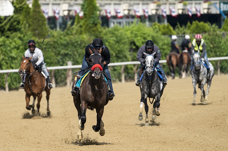 Belmont Stakes entrant Hot Rod Charlie, front, takes a training run on the main track ahead of the 153rd running of the Belmont Stakes horse race, Wednesday, June 2, 2021, at Belmont Park in Elmont, N.Y. (AP Photo/John Minchillo)