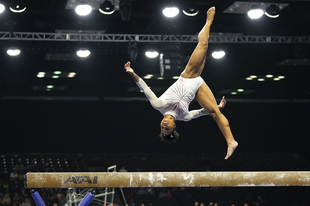 Jordan Chiles performs her balance-beam routine during the U.S. Classic gymnastics competition in Indianapolis, Saturday, May 22, 2021. (AP Photo/AJ Mast)