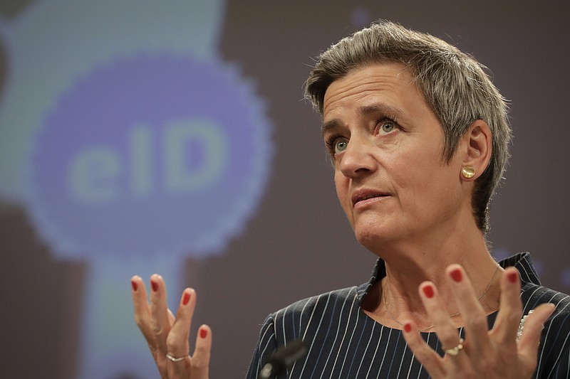European Commissioner for Europe fit for the Digital Age Margrethe Vestager speaks during a media conference at EU headquarters in Brussels, Thursday, June 3, 2021. The European Union unveiled plans Thursday for a digital ID wallet that residents can use to access services across the bloc, in an effort to accelerate the shift to online for its post-pandemic recovery strategy. (Stephanie Lecocq, Pool via AP)
